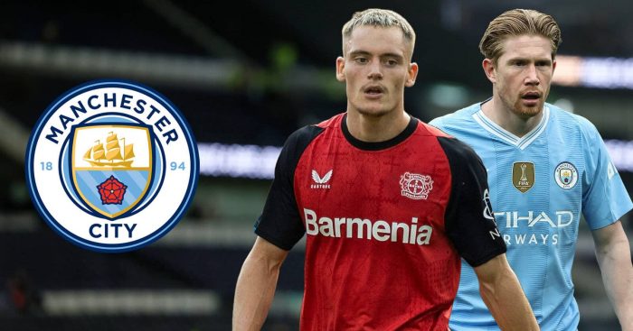 Florian Wirtz and Kevin de Bruyne alongside a Man City badge