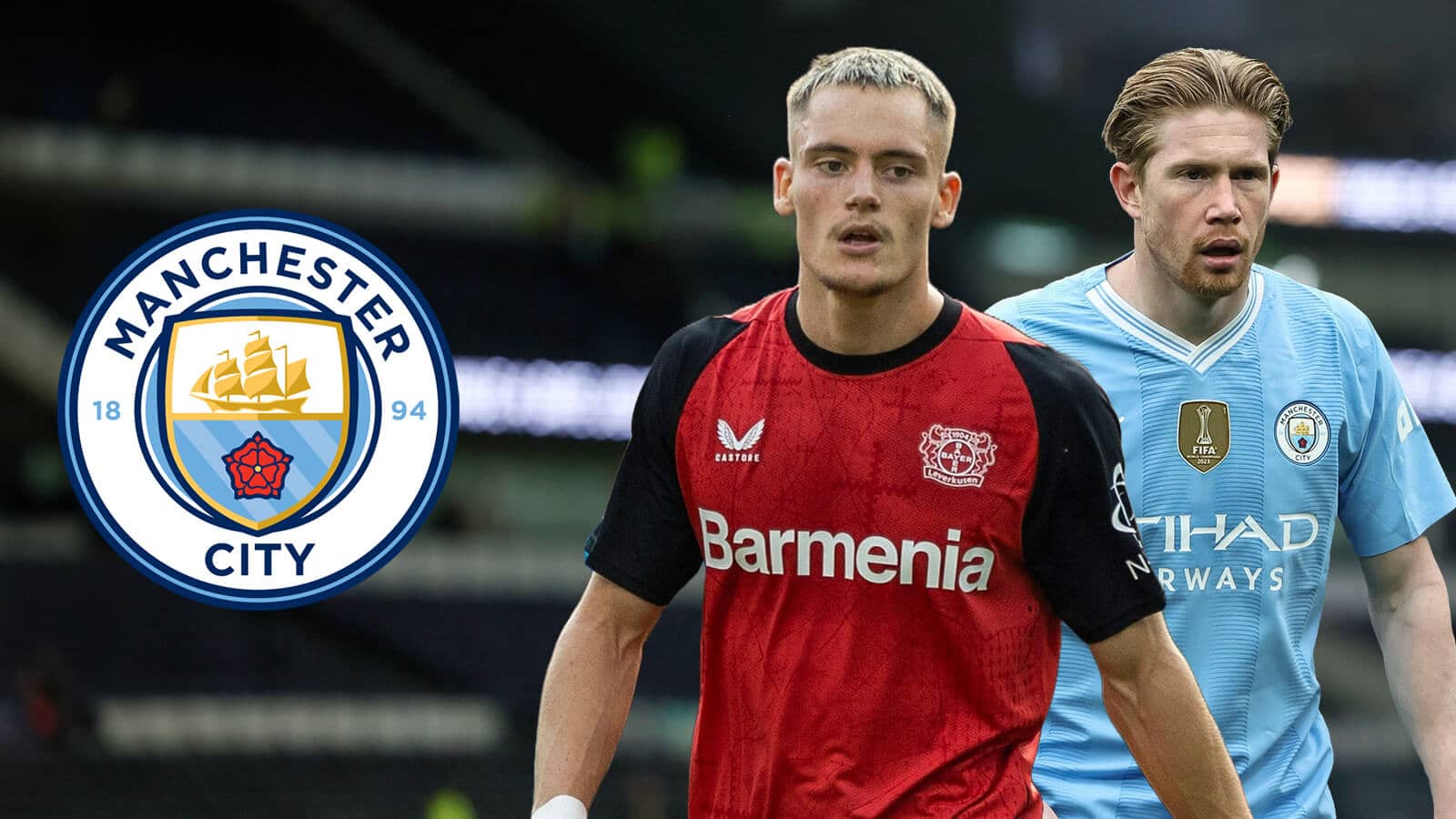 Florian Wirtz and Kevin de Bruyne alongside a Man City badge