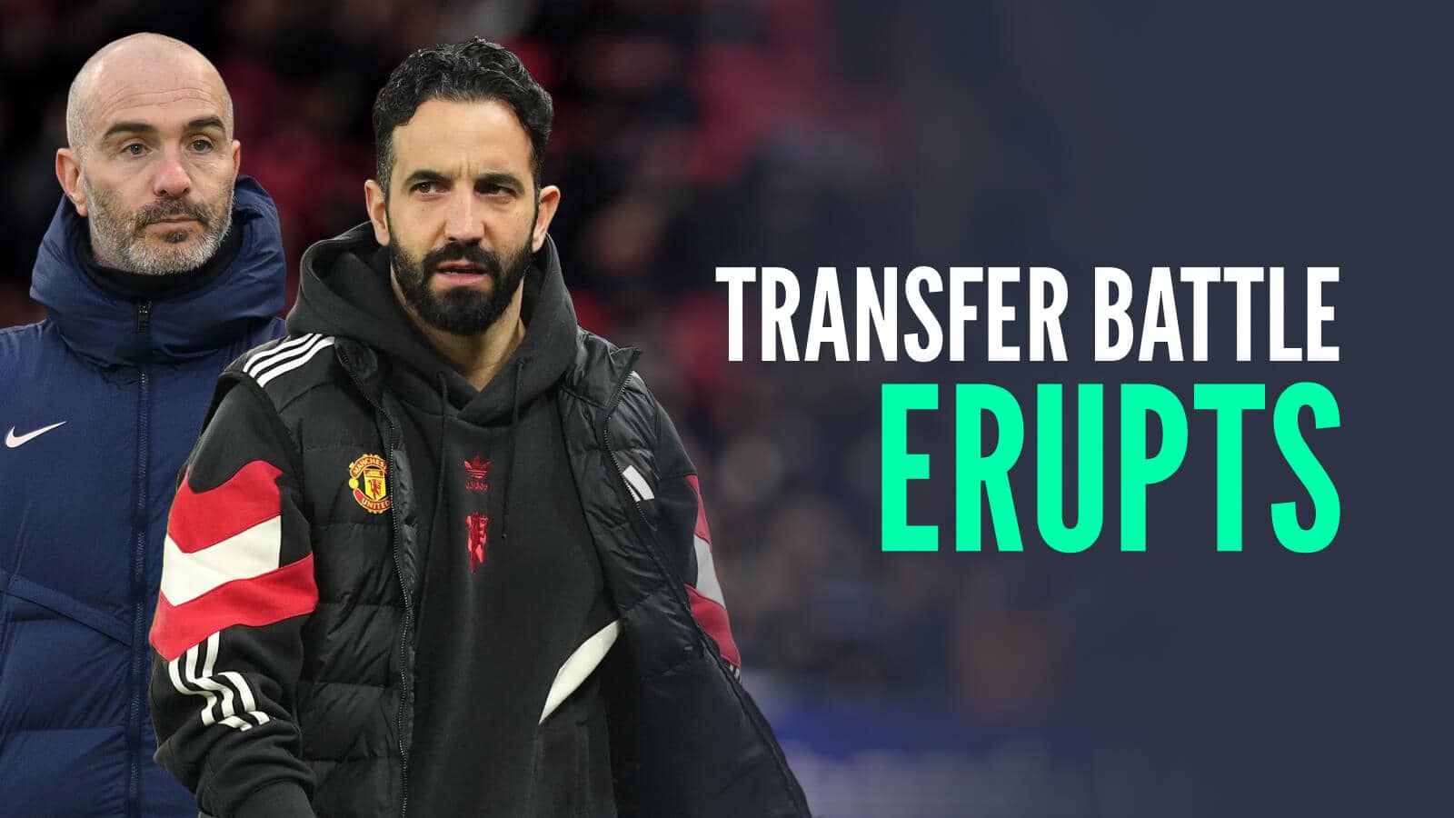 Chelsea manager Enzo Maresca and Man Utd boss Ruben Amorim with caption: Transfer battle erupts