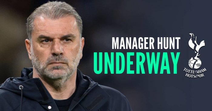 Tottenham manager Ange Postecoglou with caption: Manager hunt underway
