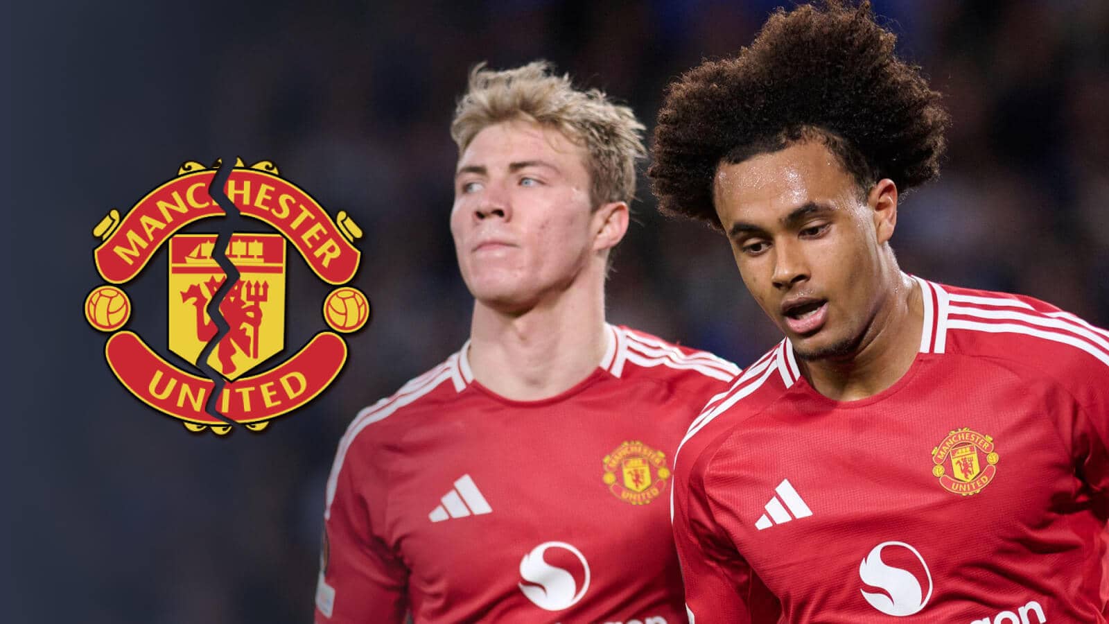 Joshua Zirkzee and Rasmus Hojlund alongside a Man Utd badge torn in half
