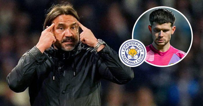 Leeds manager Daniel Farke alongside Illan Meslier and a Leicester City badge
