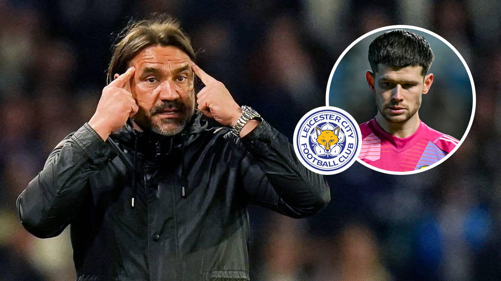 Leeds manager Daniel Farke alongside Illan Meslier and a Leicester City badge