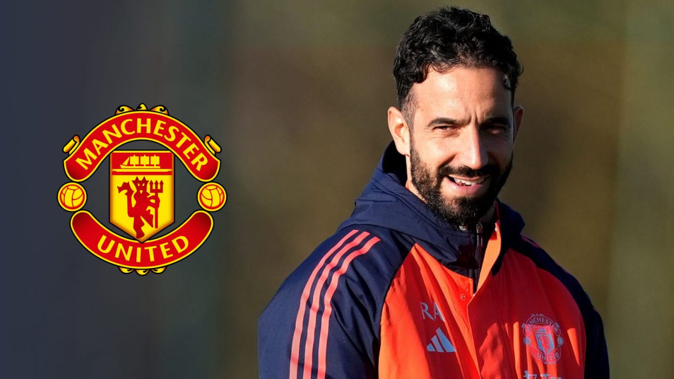 Ruben Amorim pictured with Man Utd badge