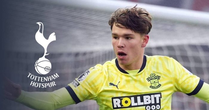 Southampton target Tyler Dibling next to the Tottenham Hotspur badge - copyright TEAMtalk