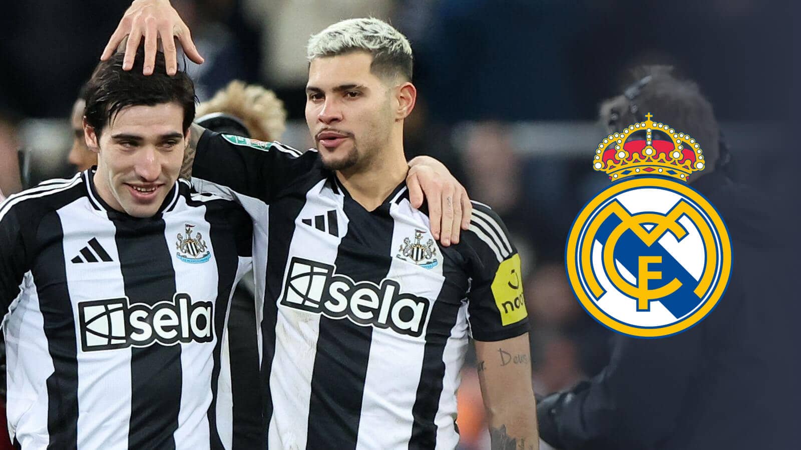 Newcastle United duo Sandro Tonali and Bruno Guimaraes next to the Real Madrid badge - copyright TEAMtalk