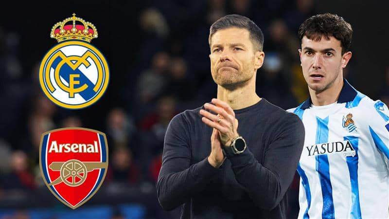 Xabi Alonso and Martin Zubimendi next to the Arsenal and Real Madrid badges - copyright TEAMtalk