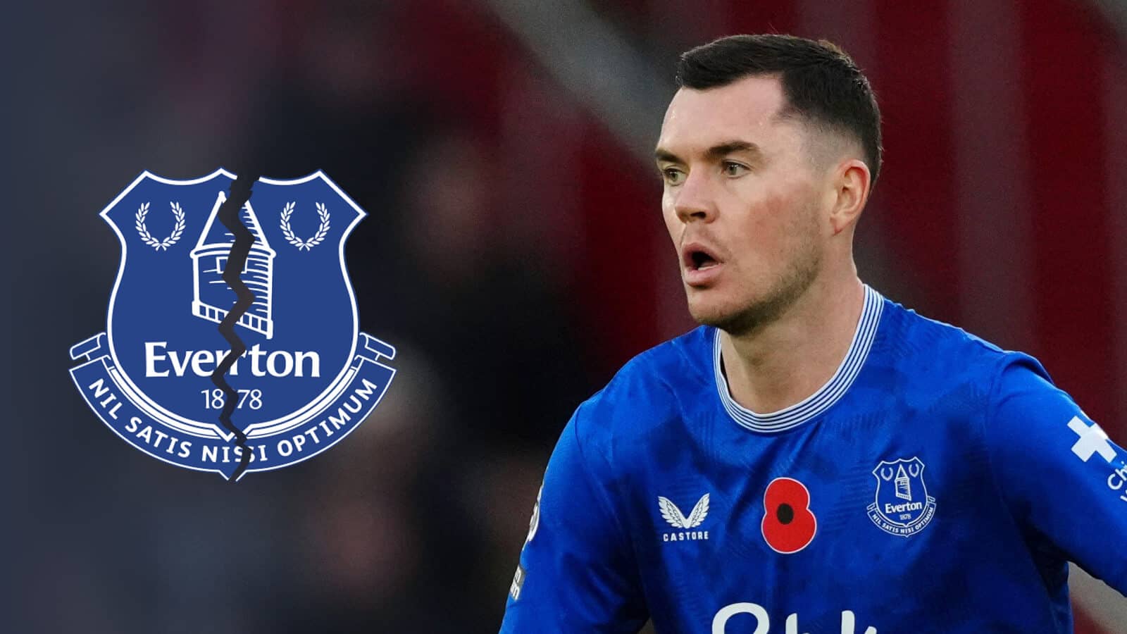 Michael Keane alongside a torn in half Everton badge