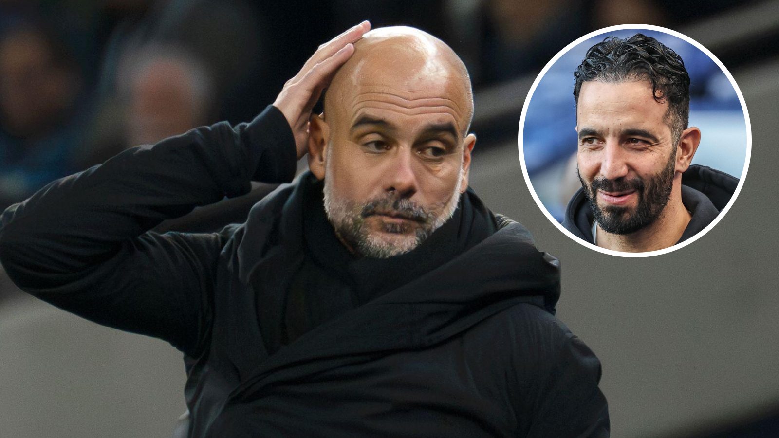 Man City manager Pep Guardiola and Man Utd boss Ruben Amorim
