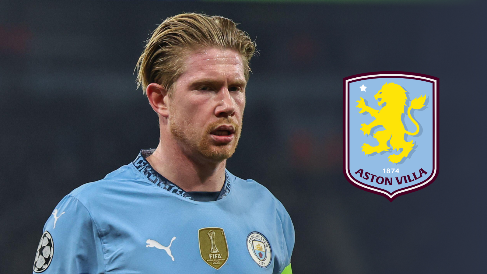 Man City star Kevin de Bruyne with an Aston Villa badge