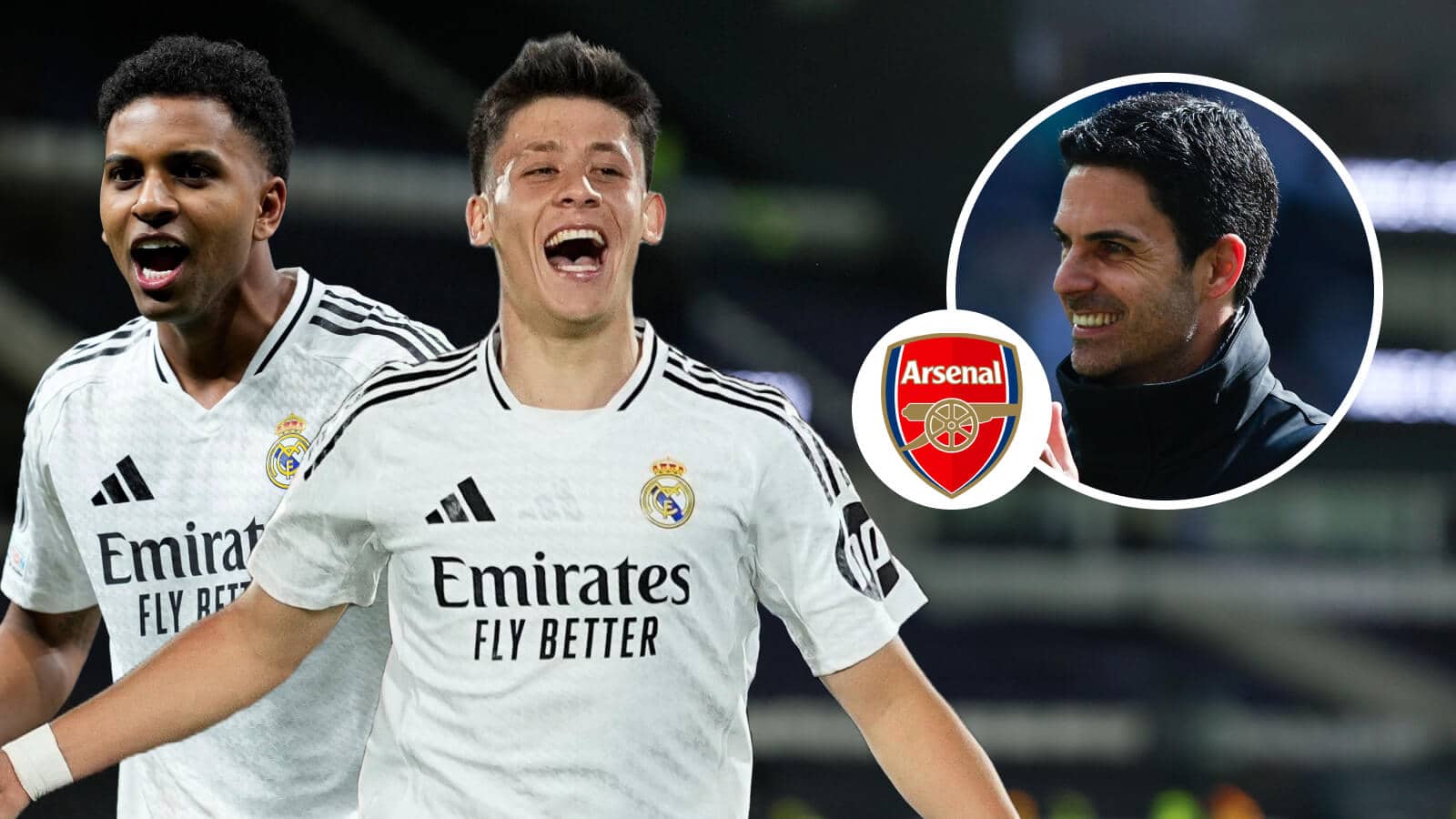 Rodrygo, Arda Guler, Arsenal badge and Mikel Arteta - copyright TEAMtalk