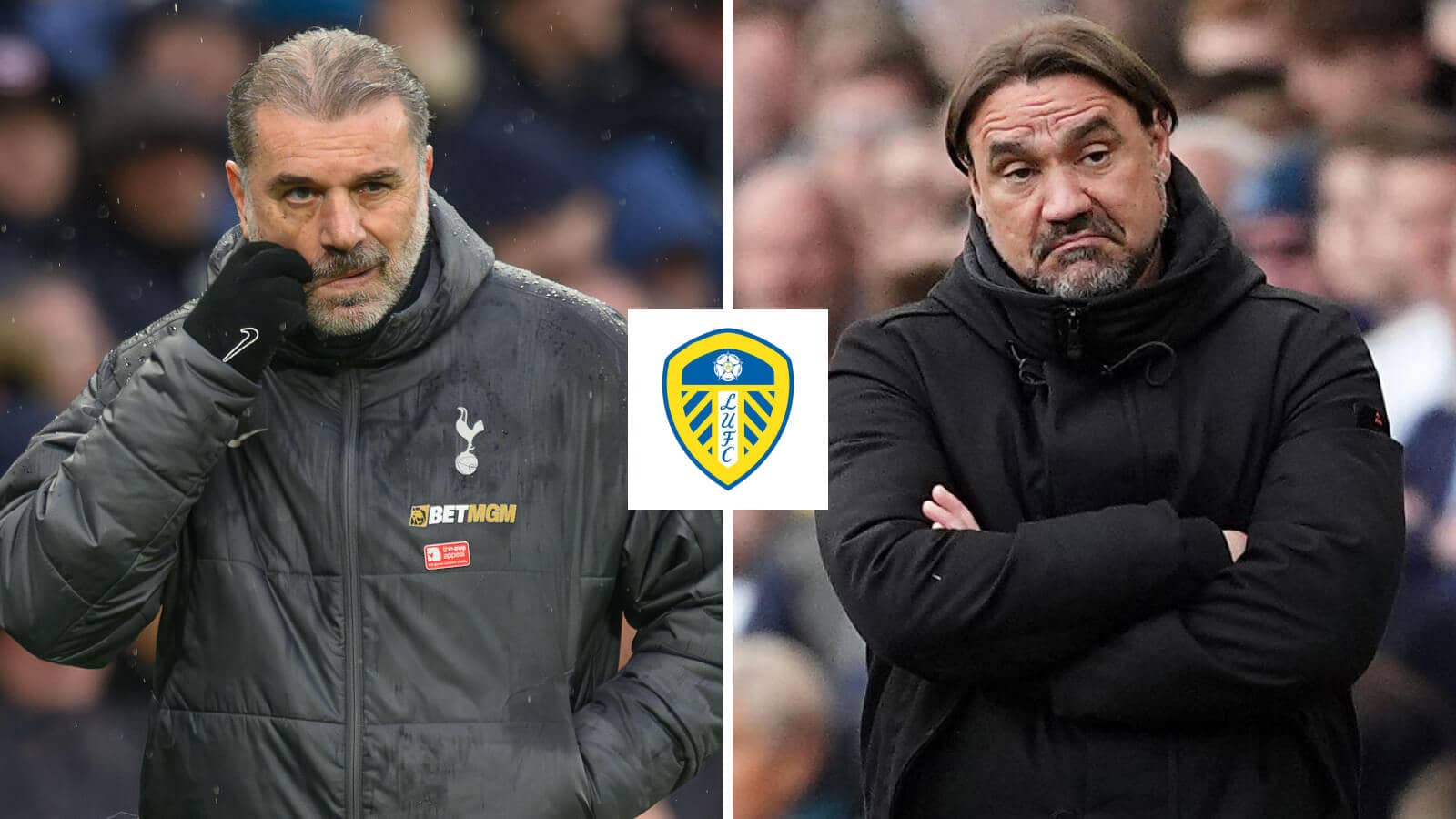 Tottenham manager Ange Postecoglou and Leeds boss Daniel Farke either side of the Leeds United badge