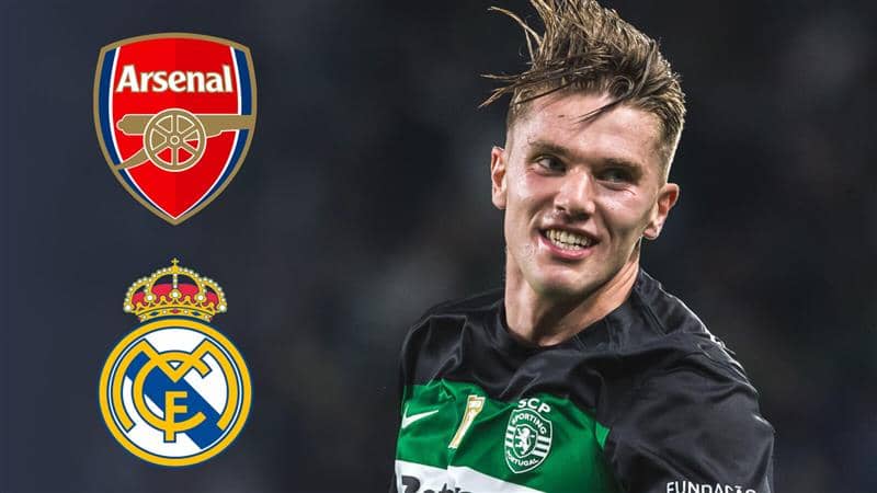 Sporting CP striker Viktor Gyokeres next to the Arsenal and Real Madrid badges - copyright TEAMtalk