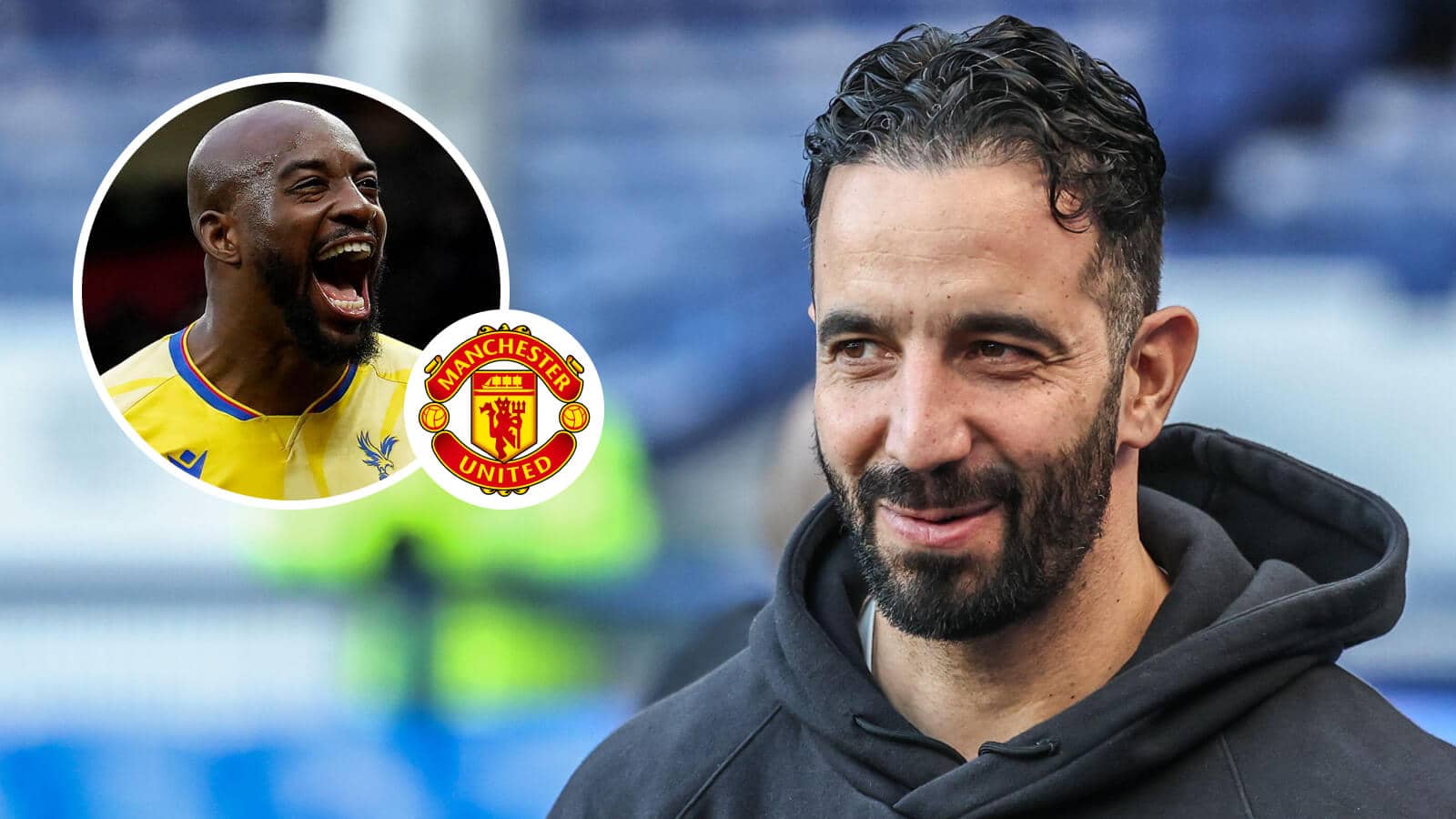 Manchester United manager Ruben Amorim alongside Jean-Philippe Mateta