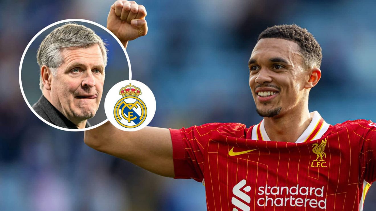 Jan Molby and Trent Alexander-Arnold with the Liverpool badge between them - copyright TEAMtalk