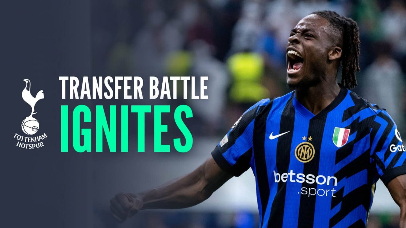Inter Milan defender Yann Bisseck with Tottenham badge and caption: Transfer battle ignites