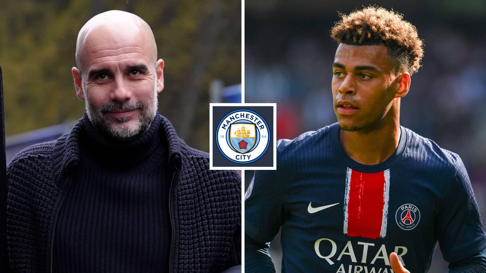 Manchester City manager Pep Guardiola and PSG star Desire Doue