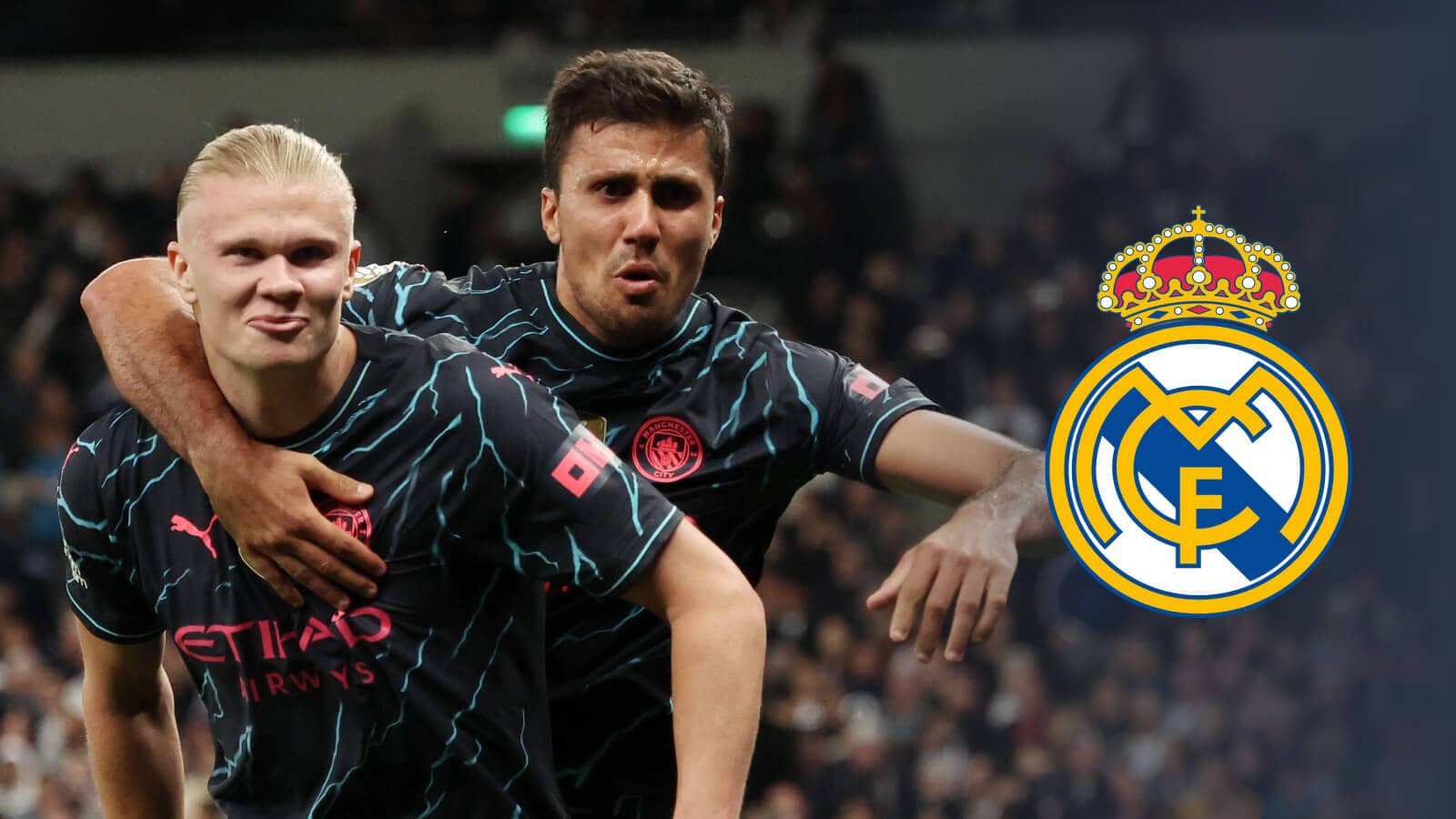 Manchester City duo Erling Haaland and Rodri next to the Real Madrid badge - copyright TEAMtalk