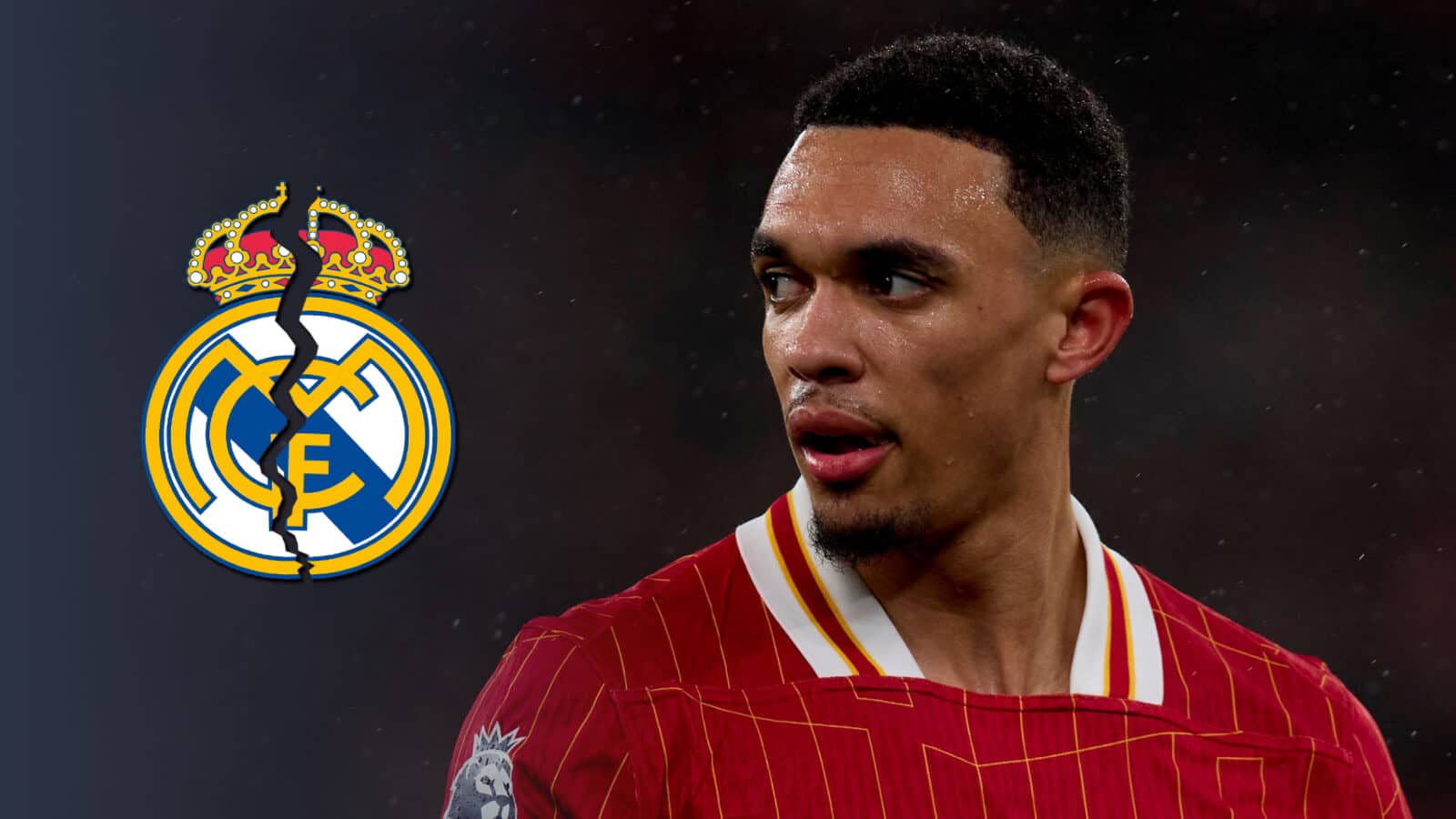 Liverpool star Trent Alexander-Arnold with a torn in half Real Madrid badge