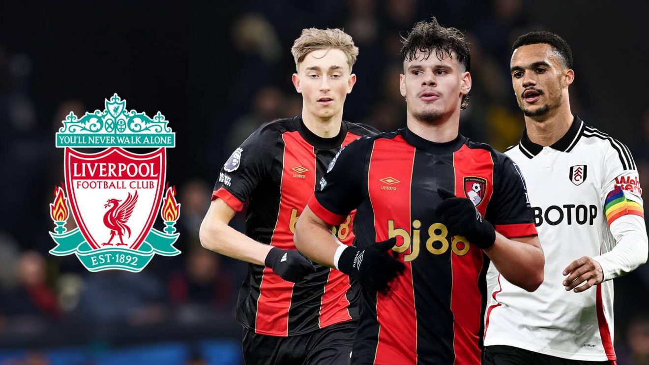 Dean Huijsen Milos Kerkez and Antonee Robinson next to the Liverpool badge - copyright TEAMtalk