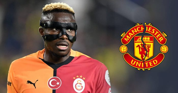 Galatasaray striker Victor Osimhen with a torn in half Manchester United badge