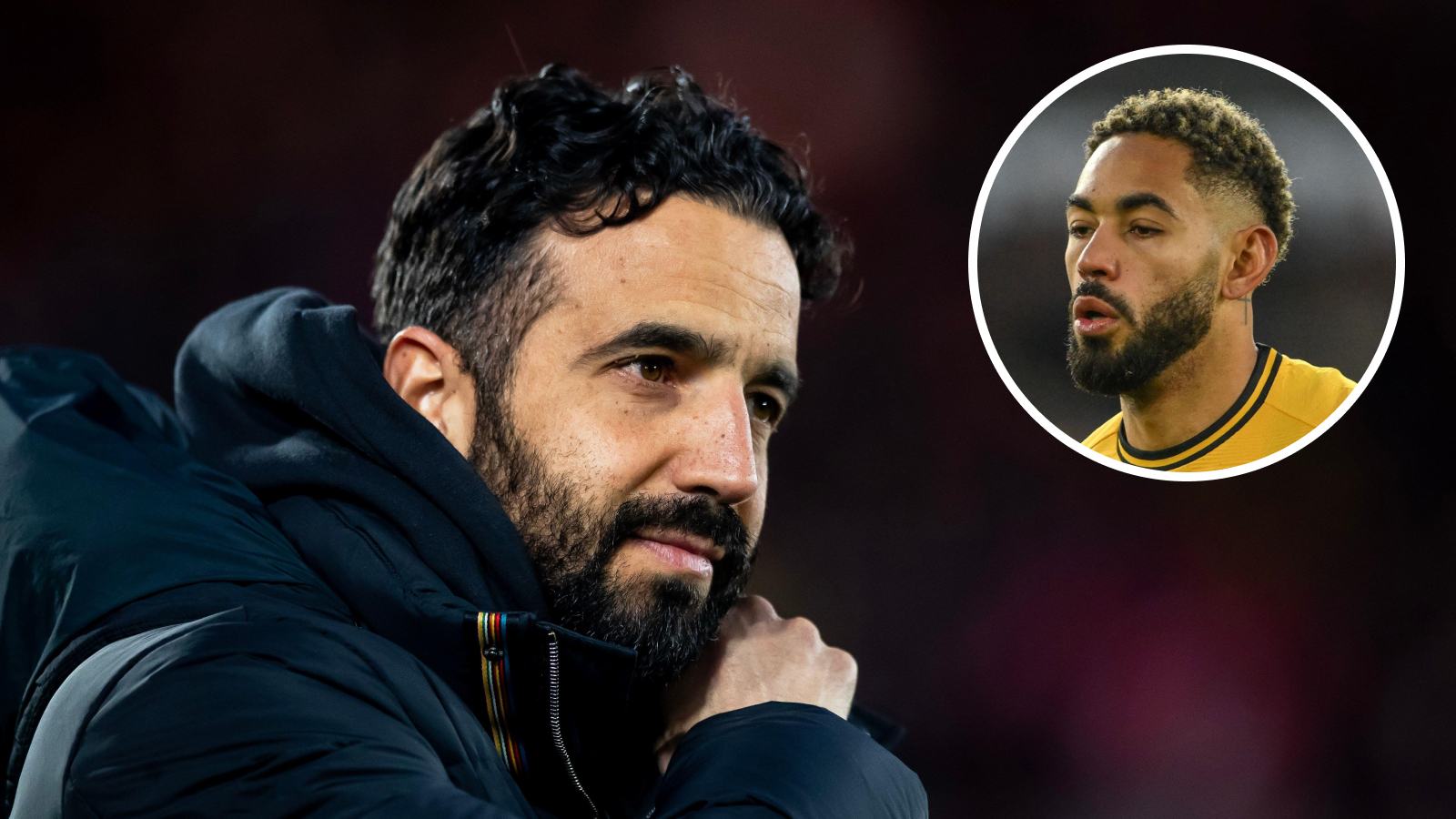 Manchester United manager Ruben Amorim with Wolves star Matheus Cunha