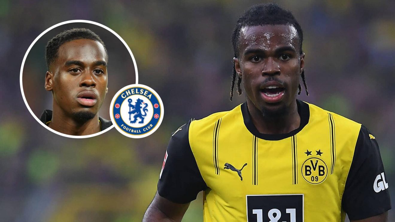 Carney Chukwuemeka with a Chelsea badge and Borussia Dortmund winger Jamie Gittens