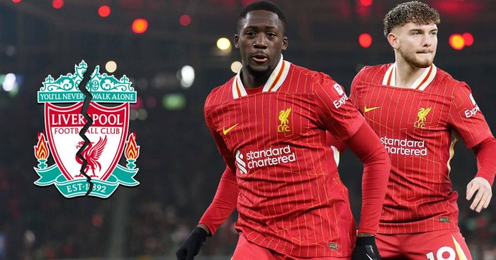 Ibrahima Konate and Harvey Elliott alongside a torn in half Liverpool badge