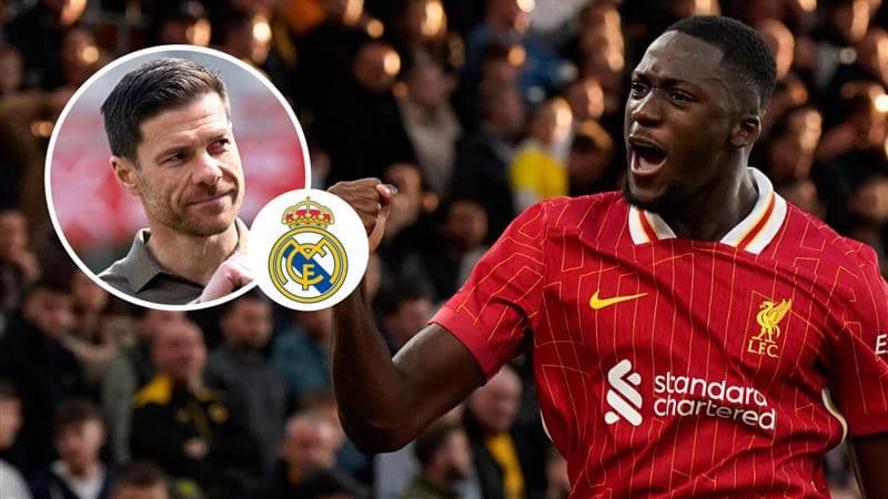 Xabi Alonso, Real Madrid badge and Liverpool defender Ibrahima Konate - copyright TEAMtalk