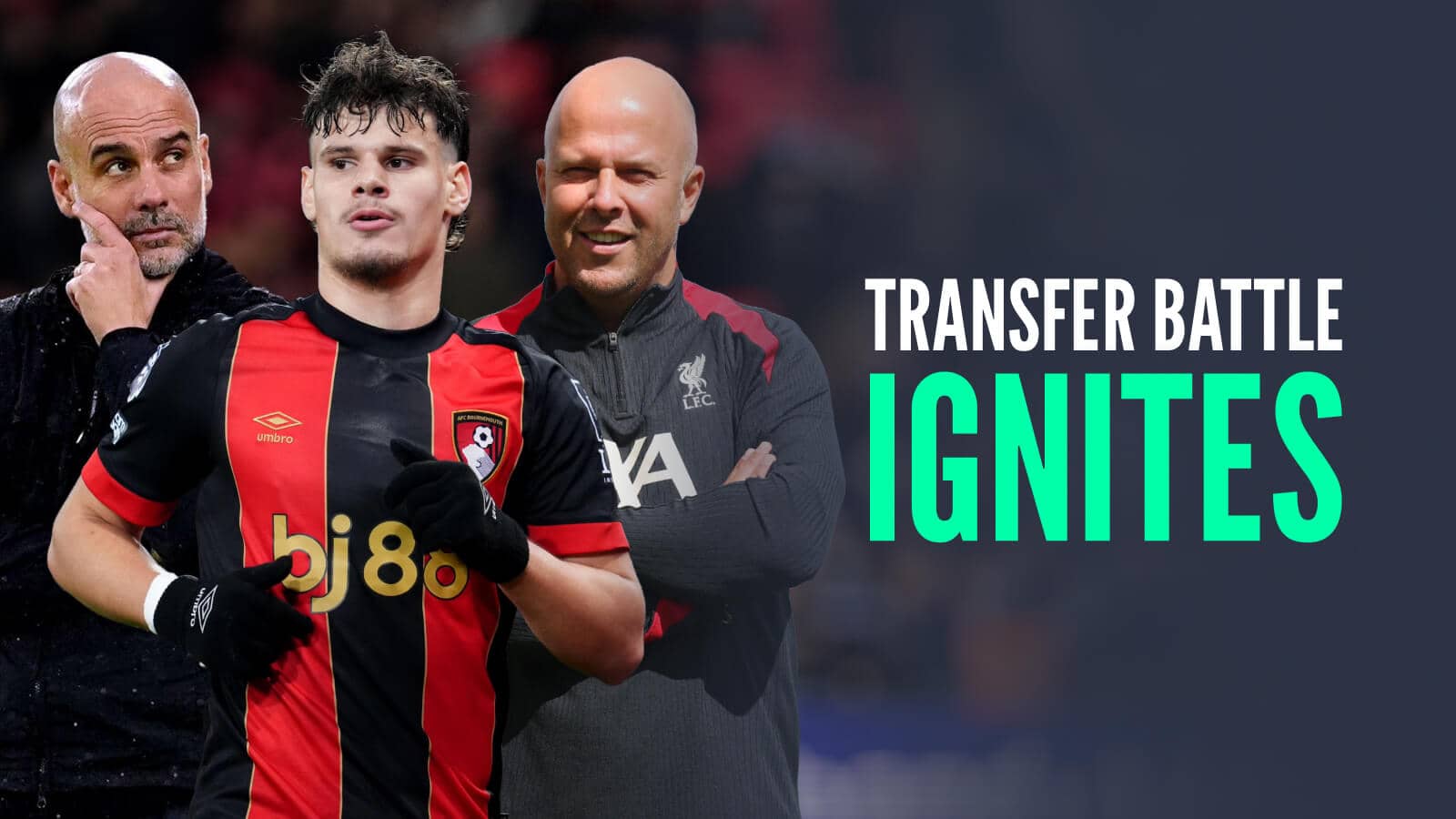 Man City boss Pep Guardiola, Liverpool manager Arne Slot, Bournemouth star Milos Kerkez, with caption: Transfer battle ignites