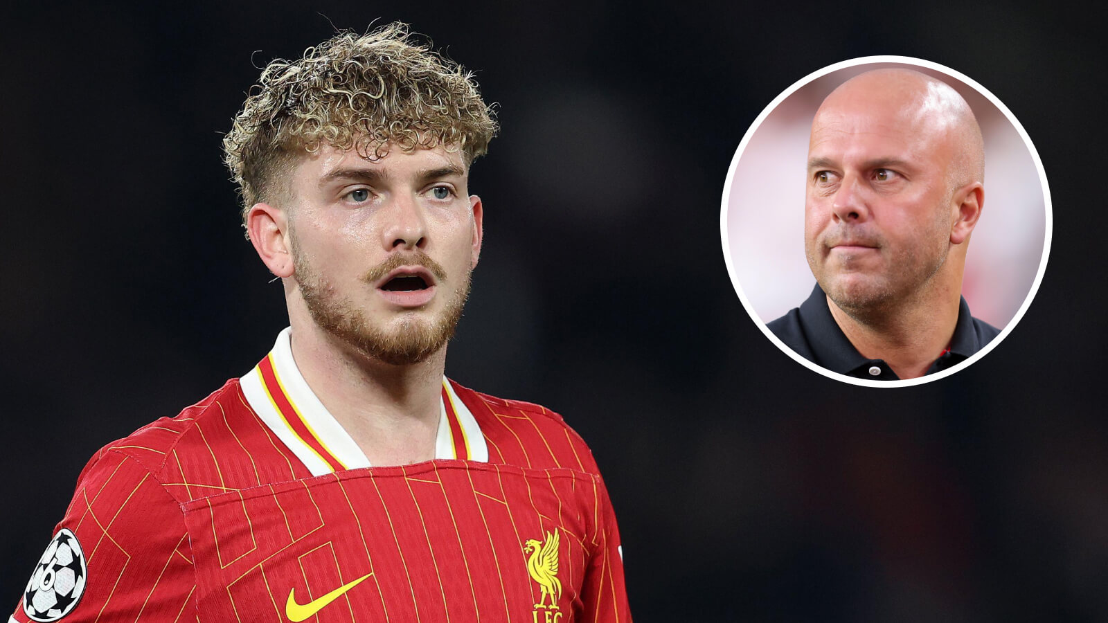 Liverpool midfielder Harvey Elliott and, inset, manager Arne Slot