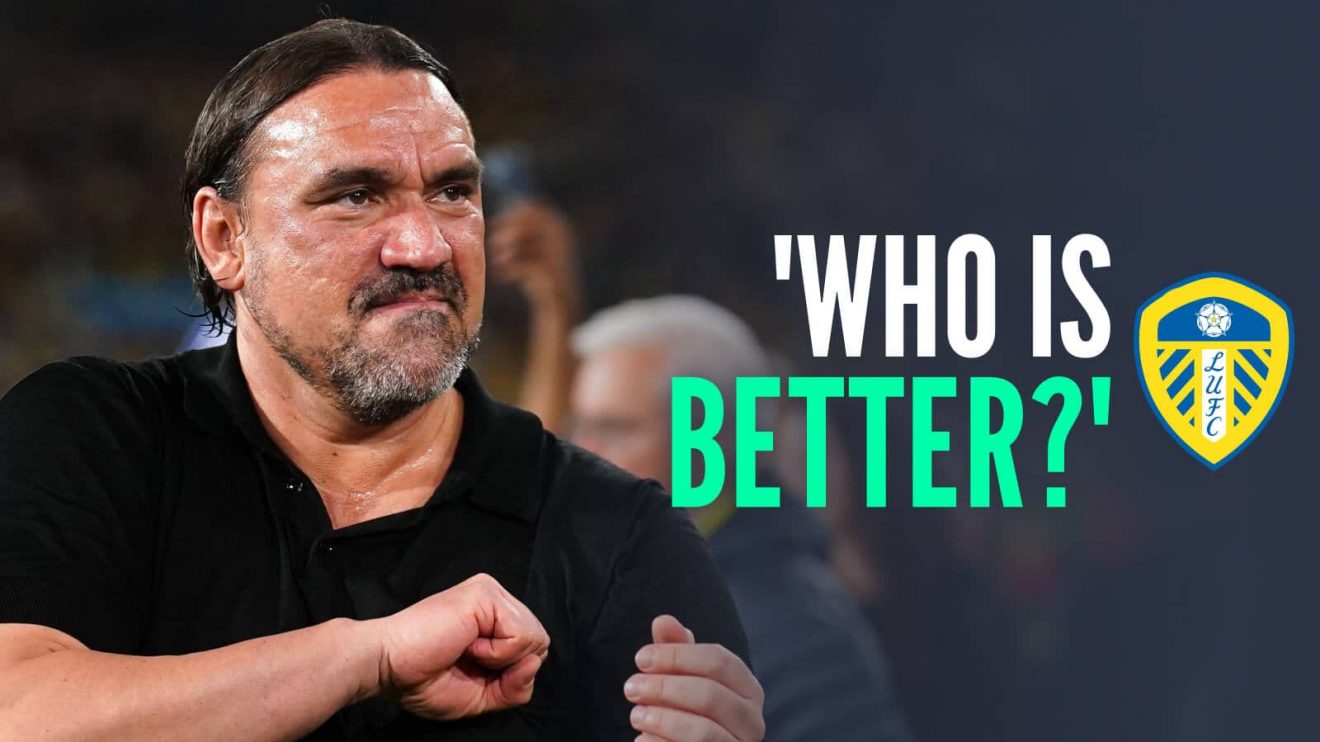 Daniel Farke next to the Leeds United badge and the words 'who is better?'