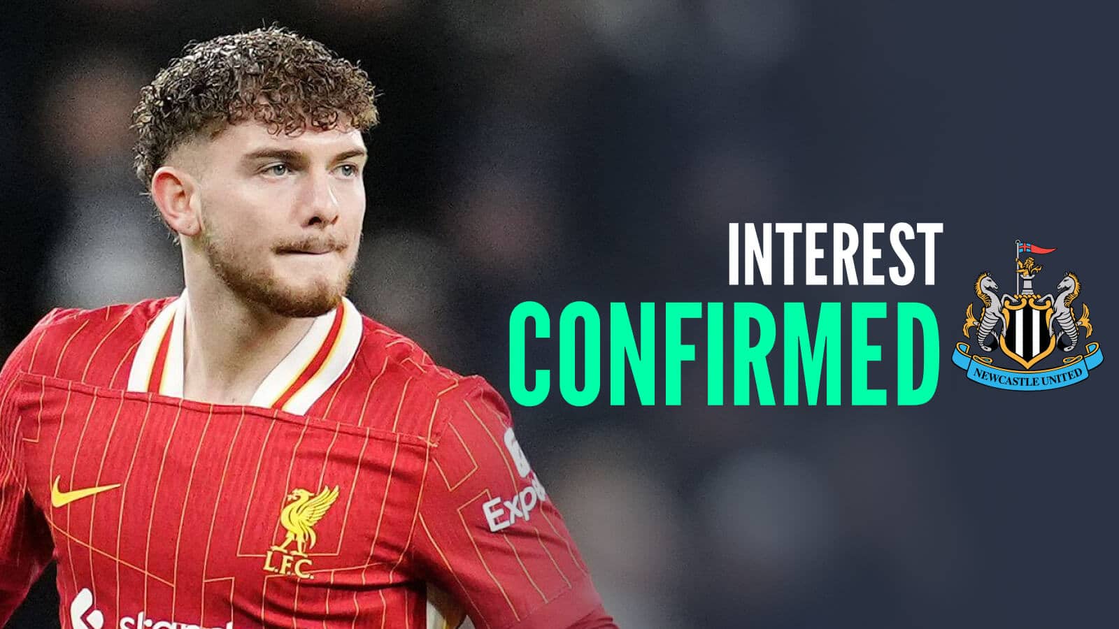 Liverpool star Harvey Elliott with a Newcastle badge and caption: Interest confirmed
