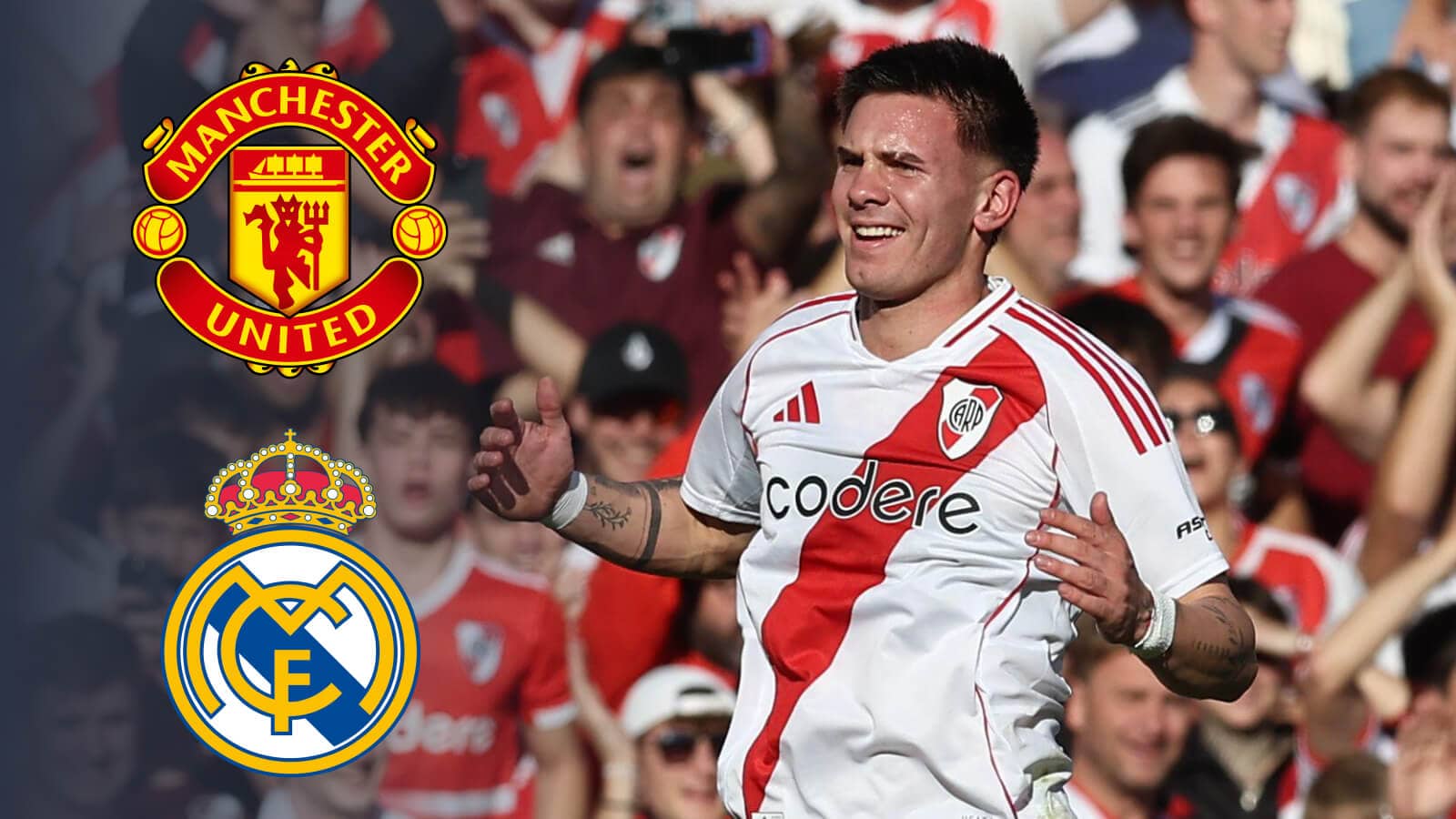 Franco Mastantuono next to the Man Utd and Real Madrid badges - copyright TEAMtalk