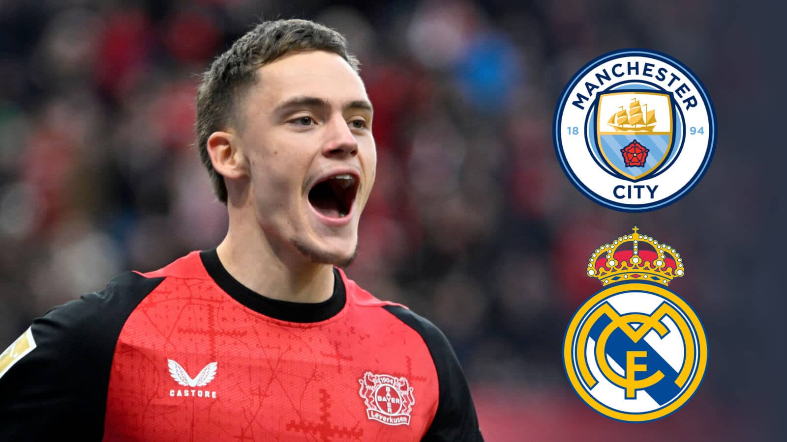 Bayer Leverkusen attacking midfielder Florian Wirtz next to the Manchester City and Real Madrid badges - copyright TEAMtalk