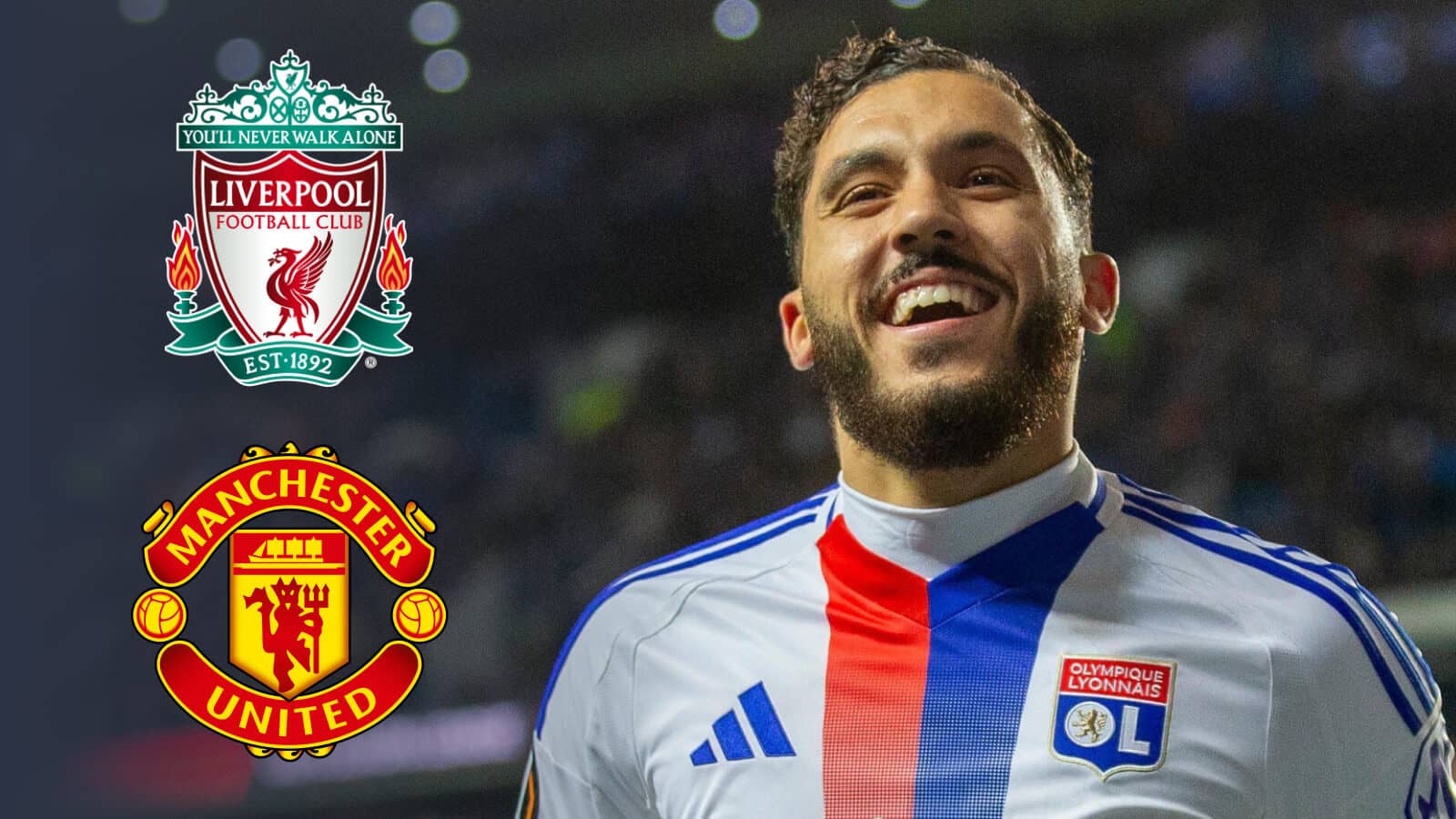 Lyon star Rayan Cherki next to the Liverpool and Manchester United badges - copyright TEAMtalk
