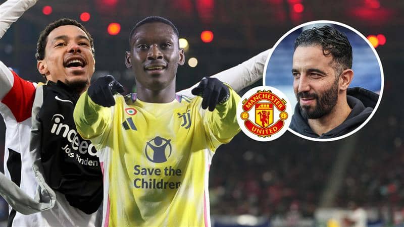 Hugo Ekitike, Randal Kolo Muani, Man Utd badge and Ruben Amorim - copyright TEAMtalk