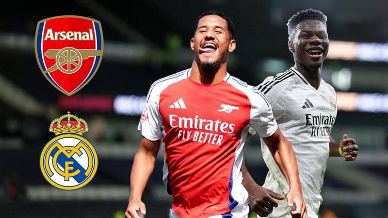 Arsenal defender William Saliba and Real Madrid midfielder Aurélien Tchouaméni next to the Arsenal and Real Madrid badges - copyright TEAMtalk