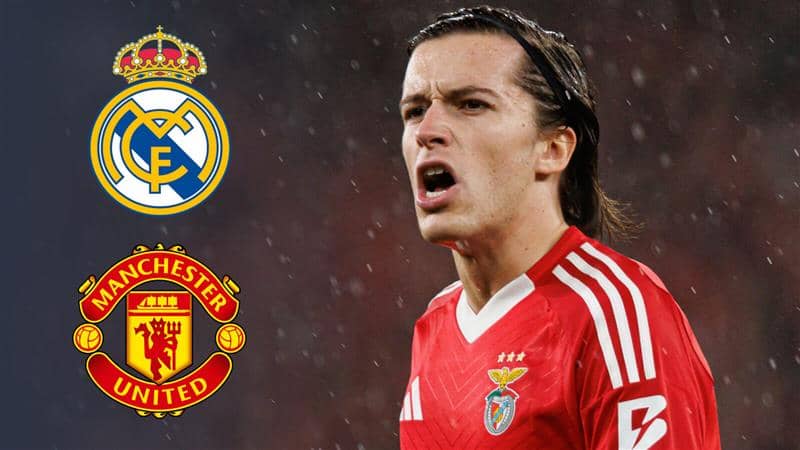 Benfica left-back Alvaro Carreras next to the Real Madrid and Manchester United badges - copyright TEAMtalk