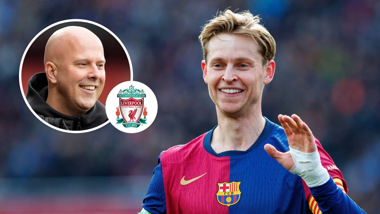 Liverpool manager Arne Slot, Liverpool badge and Barcelona midfielder Frenkie de Jong - copyright TEAMtalk