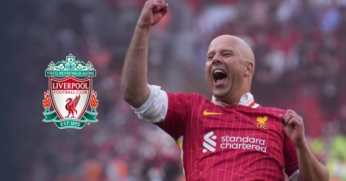 Arne Slot next to the Liverpool badge- copyright TEAMtalk