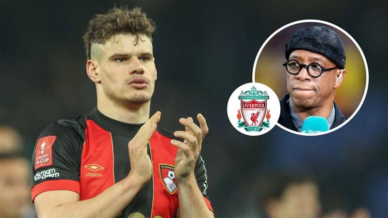 Bournemouth left-back Milos Kerkez, Liverpool badge and Ian Wright - copyright TEAMtalk