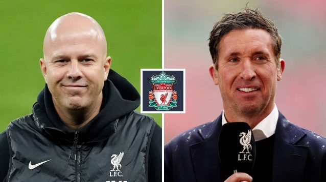 Liverpool manager Arne Slot and the club's former striker Robbie Fowler next to the Liverpool club crest