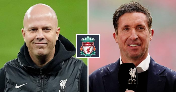 Liverpool manager Arne Slot and the club's former striker Robbie Fowler next to the Liverpool club crest