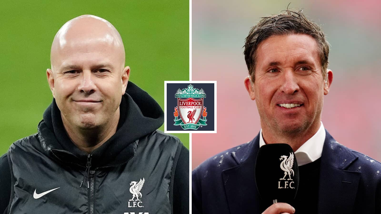 Liverpool manager Arne Slot and the club's former striker Robbie Fowler next to the Liverpool club crest