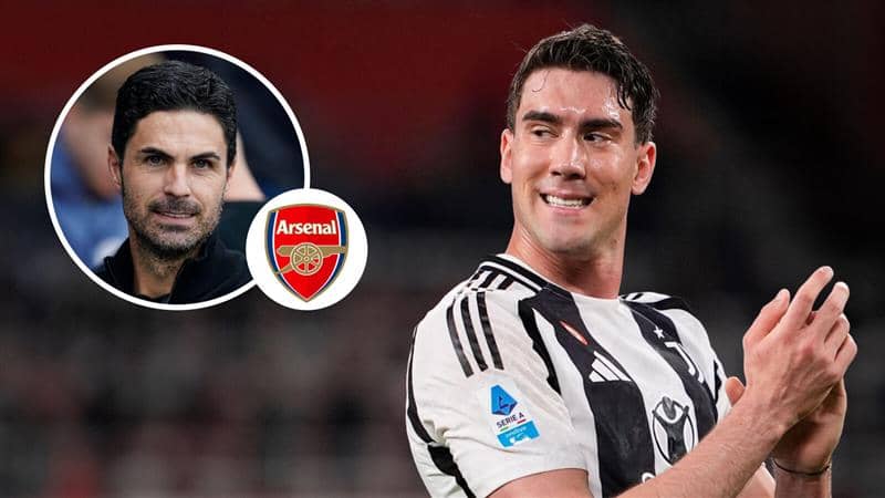 Arsenal manager Mikel Arteta, Arsenal badge and Juventus striker Dusan Vlahovic - copyright TEAMtalk