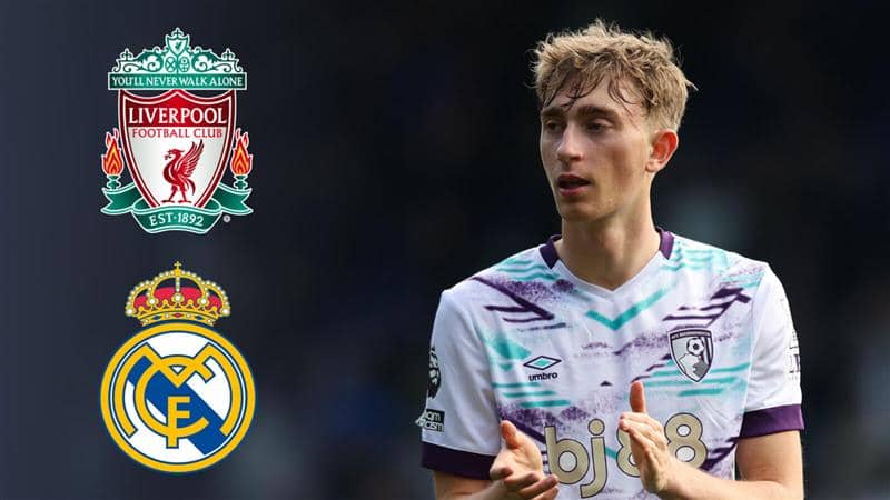 Bournemouth centre-back Dean Huijsen next to the Liverpool and Real Madrid badges - copyright TEAMtalk