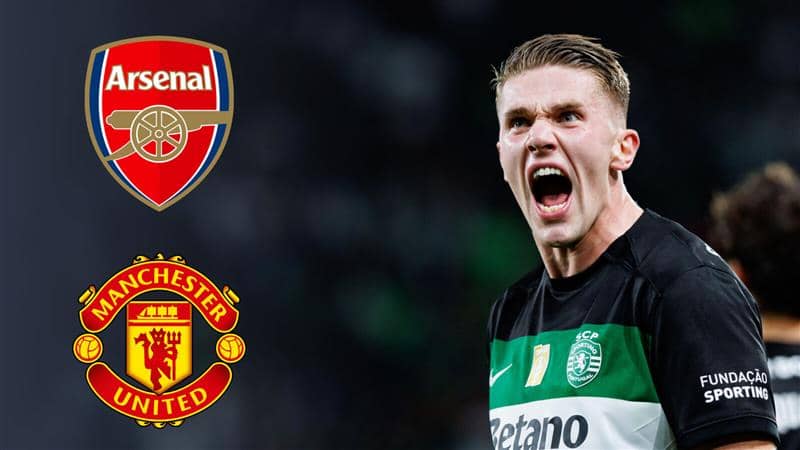 Sporting CP striker Viktor Gyokeres next to the Arsenal and Manchester United badges - copyright TEAMtalk