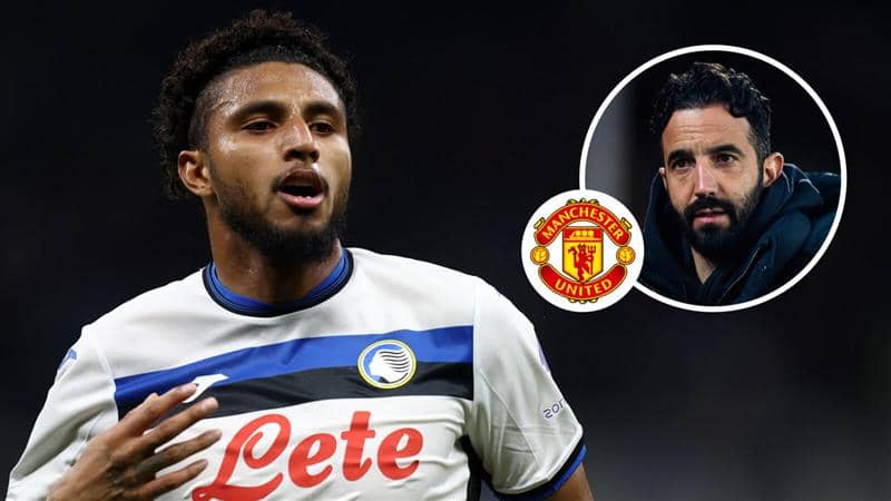 Atalanta midfielder Ederson and Manchester United manager Ruben Amorim with the Manchester United badge between them - copyright TEAMtalk