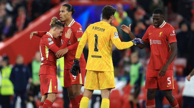 Kostas Tsimikas, Virgil van Dijk, Alisson Becker and Ibrahima Konaté of Liverpool